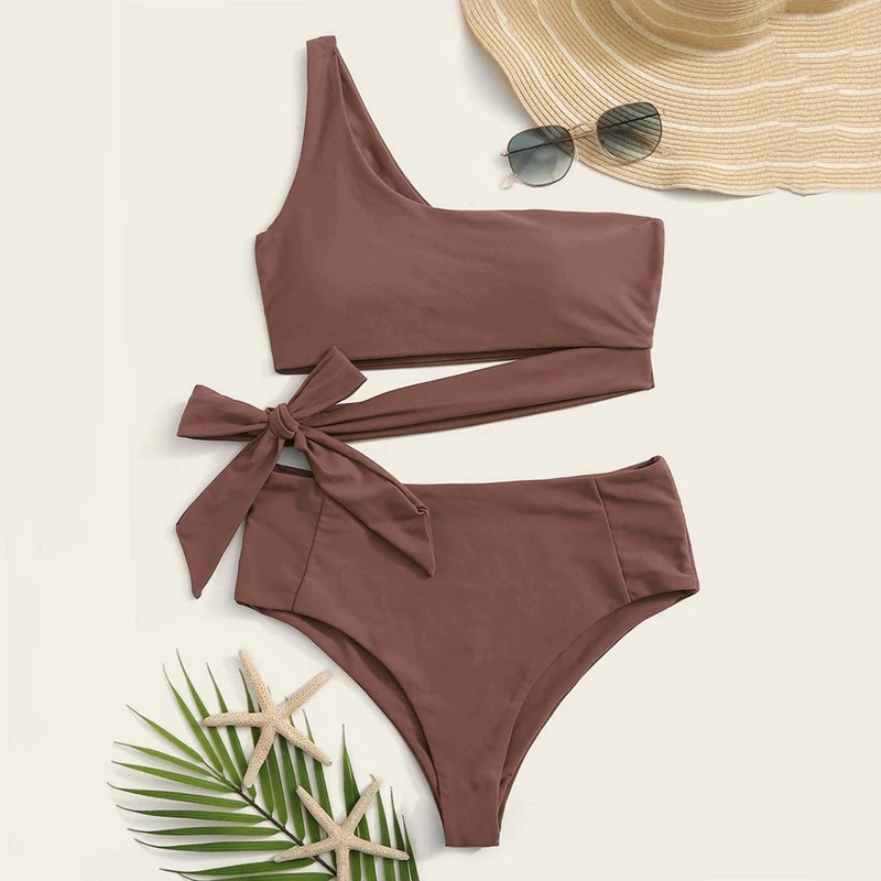 

2020 Bowknot Bandage One Shoulder Beach Wear Push Up High Waist Bikini Sets Bathing Suit Sexy Swimsuit Women Swimwear Print