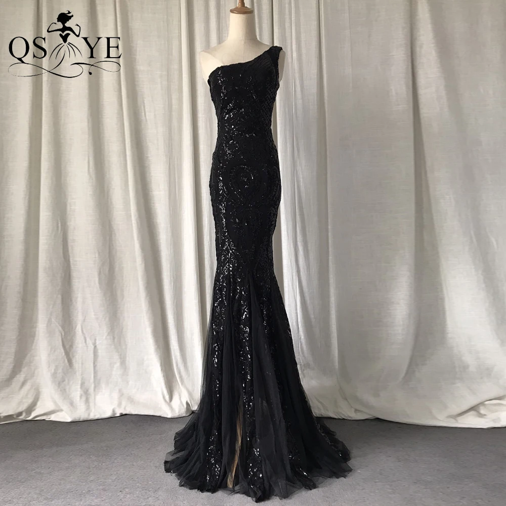 slim fit dress slacks One Shoulder Mermaid Prom Dress Black Lace Long Sleeve Prom Dresses Lo –  SELINADRESS main image 1