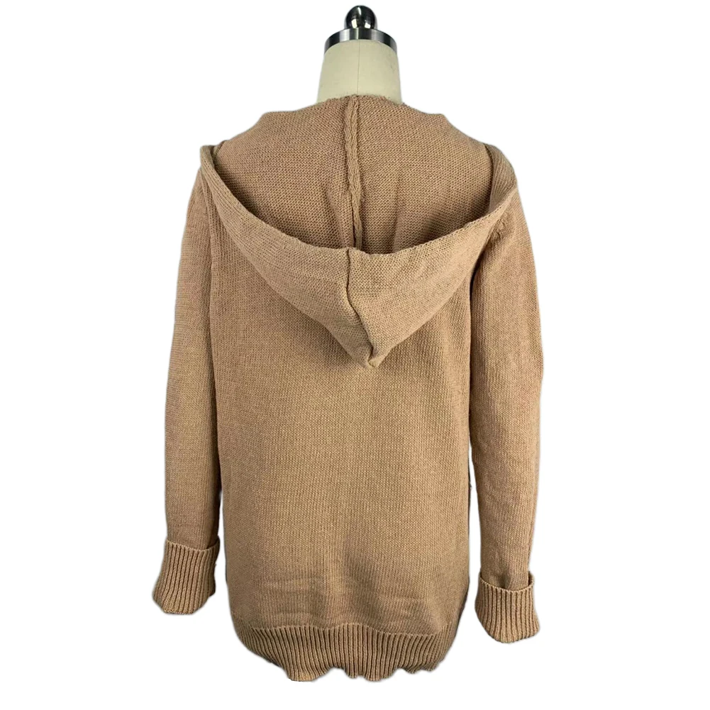 Офисный мягкий Повседневный однотонный свободный осенне-зимний вязаный кардиган с длинным рукавом и карманами на пуговицах спереди для женщин, винтажный кардиган с капюшоном