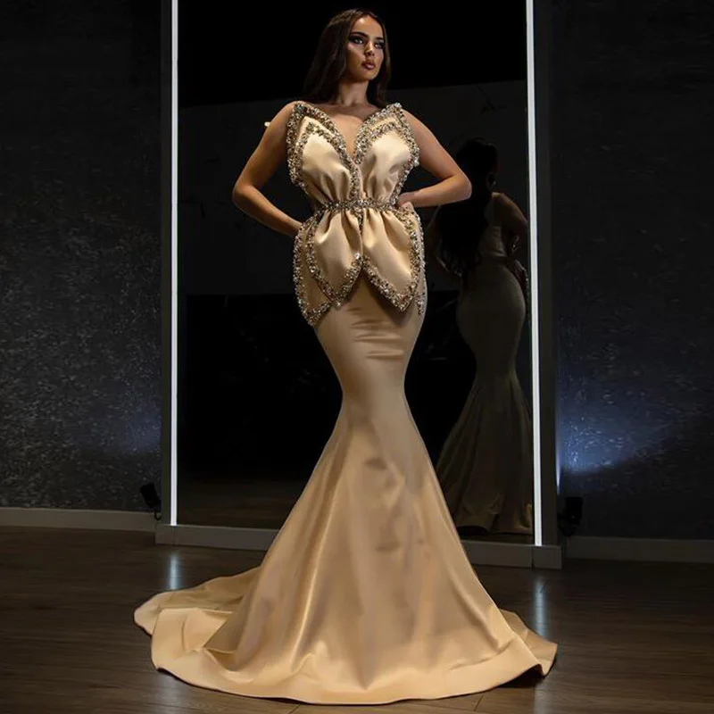 

Eightale Arabic Evening Dresses Mermaid Beaded with Rhinestones Champagne Prom Gown Dubai Formal Long Party Dress 2021
