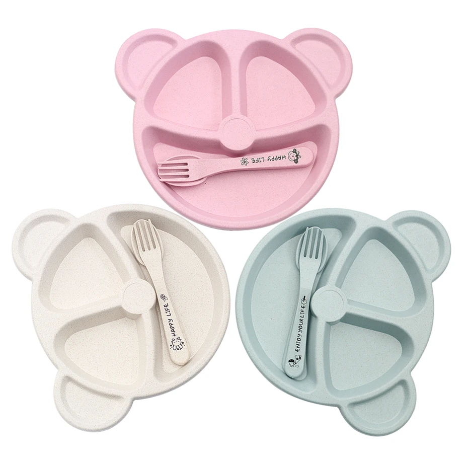 

1Set Baby bowl+spoon+fork Feeding Food Tableware Cartoon Bear Kids Dishes Eating Dinnerware Anti-hot Training Dinner Plate