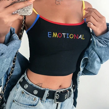

Summer Women Crop Top Sexy EMOTIONAL Letter Embroidery Tank Tops Cropped Ladies Spaghetti Strap Elastic Camisole