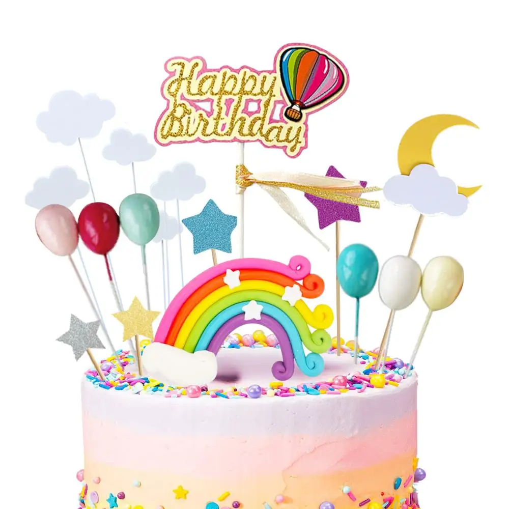 

21 pieces of rainbow cake decoration hat set cloud hot air balloon happy birthday banner boy girl child