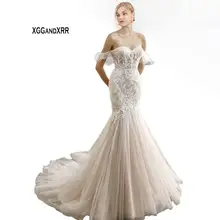 Элегантное милое платье-"Русалка", Тюлевое свадебное платье,, сексуальное, с открытыми плечами, без спинки, с кружевной аппликацией, румяное, длинное, свадебное платье