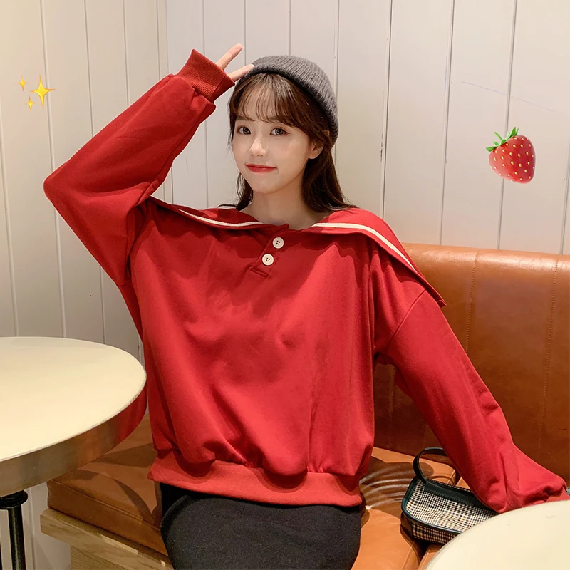 Autumn Women's Hoodie Navy collar Cartoon Letter Print Casual Harajuku Kawaii Pullover Plus velvet Long Sleeve Sweatshirt Tops