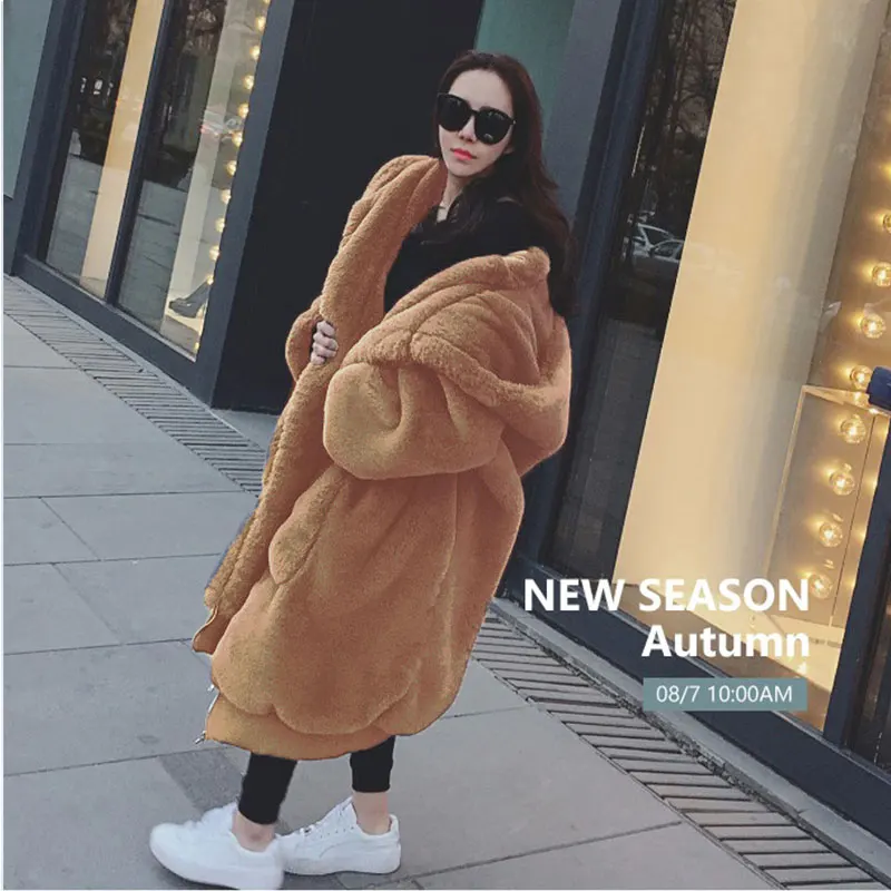 Winter Oversized Faux Fur Loose Coat Women Parka Long Warm Jacket Coats Hoodies Outwear Hooded Fluffy Coat long black puffer Coats & Jackets