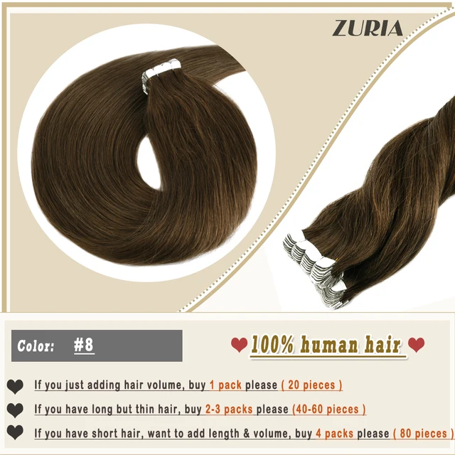ZURIA Mini Tape In Hair Extensions Machine Remy Natural Hair Extensions Human Hair Straight 20 Inchs Seamless Adhesive Skin Weft #8