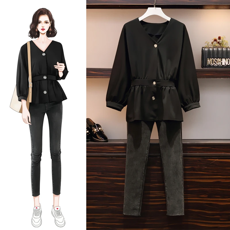 

2019 Women Plus Size Two-piece Suit Black V-neck Elastic Waist Blouse Top and Pants Jeans Femela 2 Piece Suit Korean 4XL Outfit