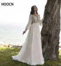 

HERBURNL Bohemian Beach Wedding Dress V-Neck Lace Embroidery Lantern Long Sleeve Button Fairy Bridal Gown Vestidos De Noiva
