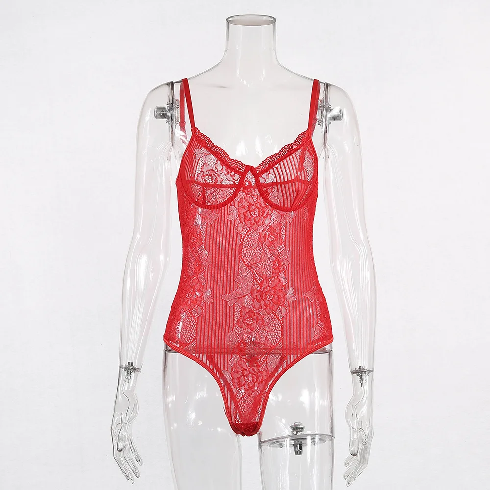 Ellolace Neon Pink Lace Mesh Bodysuit Women Sexy Transparent Summer Backless Bodycon Overalls Female New Slim Black Bodys