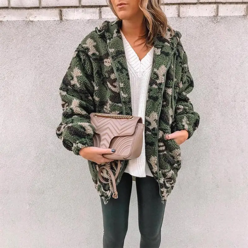 

Women Cashmere Hoodies Long Sleeve Camouflage Zipper Drawstring Clothes