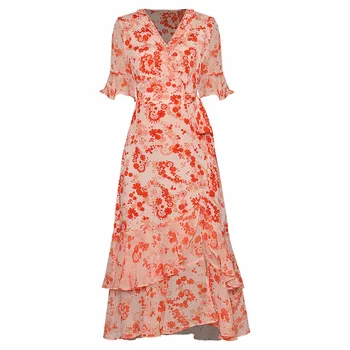 

Red RoosaRosee V-neck Ruffle Diamonds Bead Short Sleeve Elastic Waist Chiffon Floral Print Dress 2020 Summer Vestidos Robe Femme