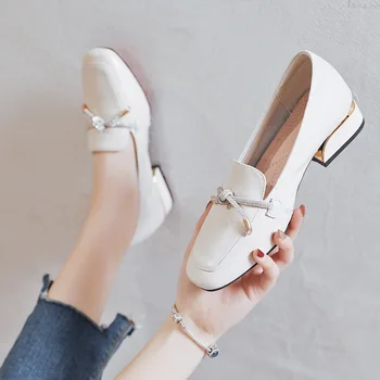 

2020 Women Women Genuine Leather Square Toe Casual Solid shoes Flat Heel Shoes