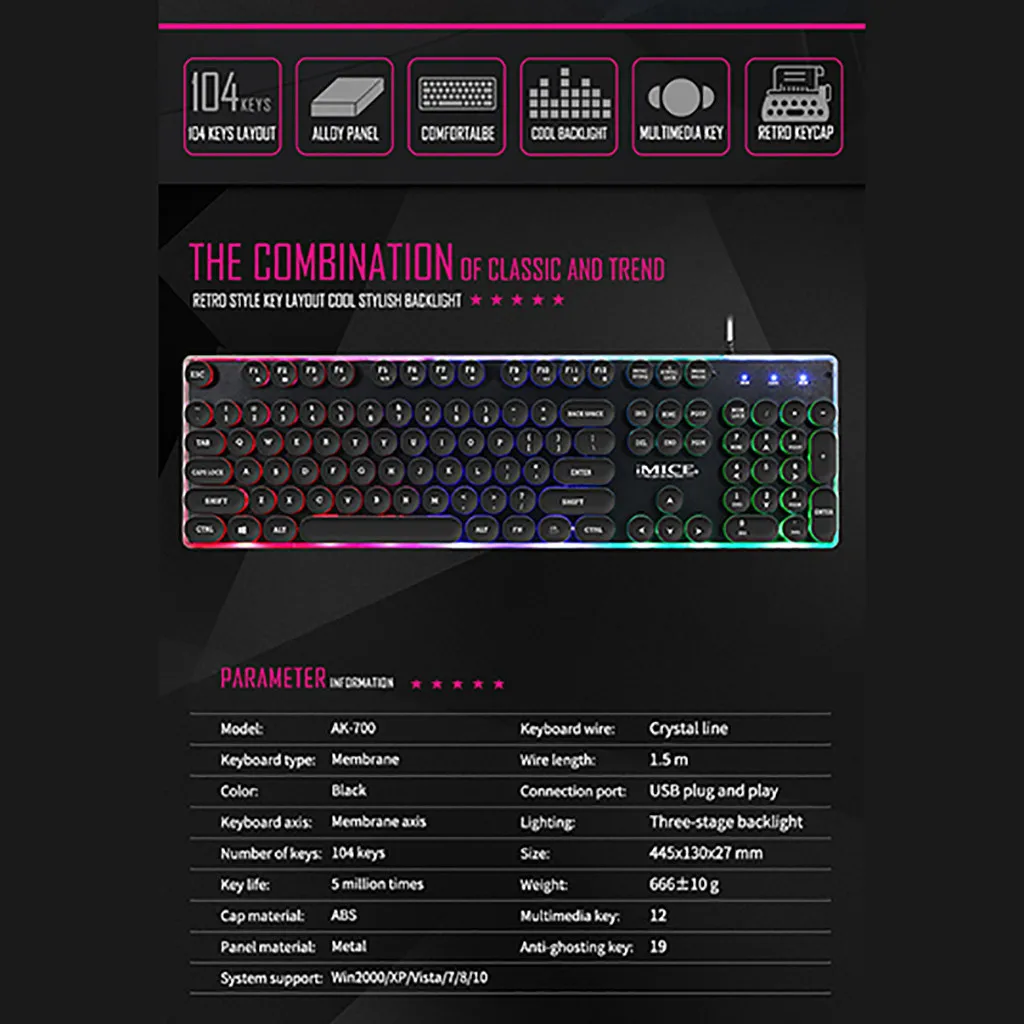 AK-700 игровая клавиатура с подсветкой RGB Gamer для ПК ноутбука# T2