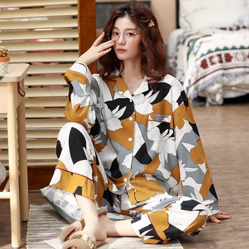 

Color Print New Fashion Pajamas For Women Cotton Summer Sleepwear Turn-down Collar Homewear Long Sleeve Loose Casual Loungewear
