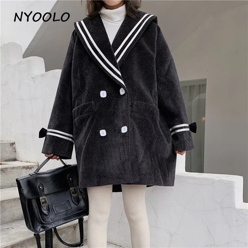 NYOOLO, осенне-зимнее элегантное теплое пальто с большими карманами из соболя, двубортное шерстяное пальто с матросским воротником, женская верхняя одежда