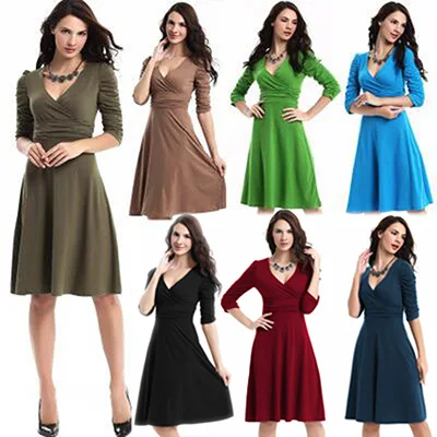 

2020 nian Spring New Style Deep V-neck Big Hemline Dress Solid Color Dress
