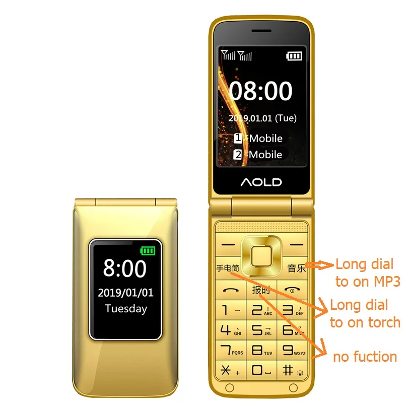 Flip Slim Clamshell Mobile Phone For Old Senior People Speed Dial Russian Key Dual Sim Metal Case Torch Extra Light