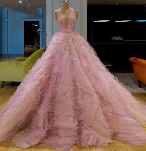 Розовый Unique Design Prom Gown Deep V Neck Ruffled Tulle Evening Formal Dresses Ball Gown Pink Illusion Special Occasion Dress - Цвет: Розовый