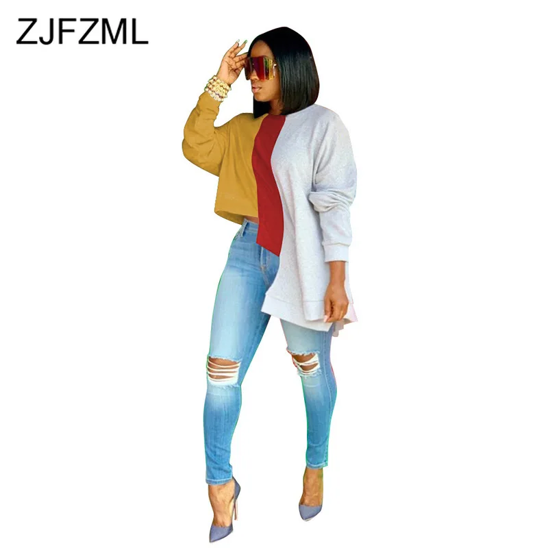

Contrast Color Patchwork Asymmetry T Shirt Women Round Neck Long Sleeve Loose Tops High Street Ladies Plus Size Club Party Tees
