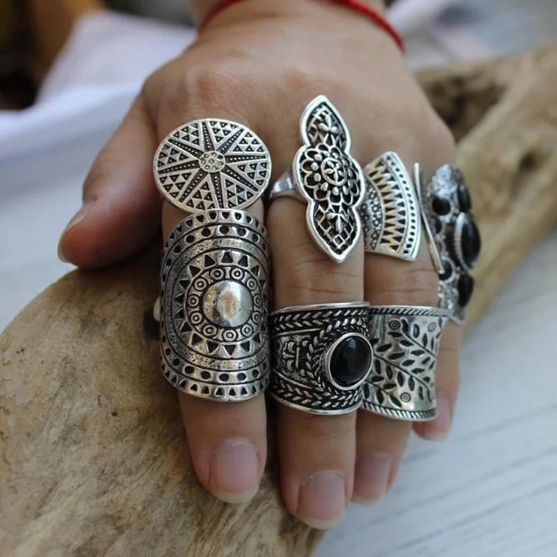 Ring Set Gold Color Rings Finger Ring Gold Color Ring Silver Ring Adjustable Rings Jewelry Accessories 8PCS Women Vintage Rings
