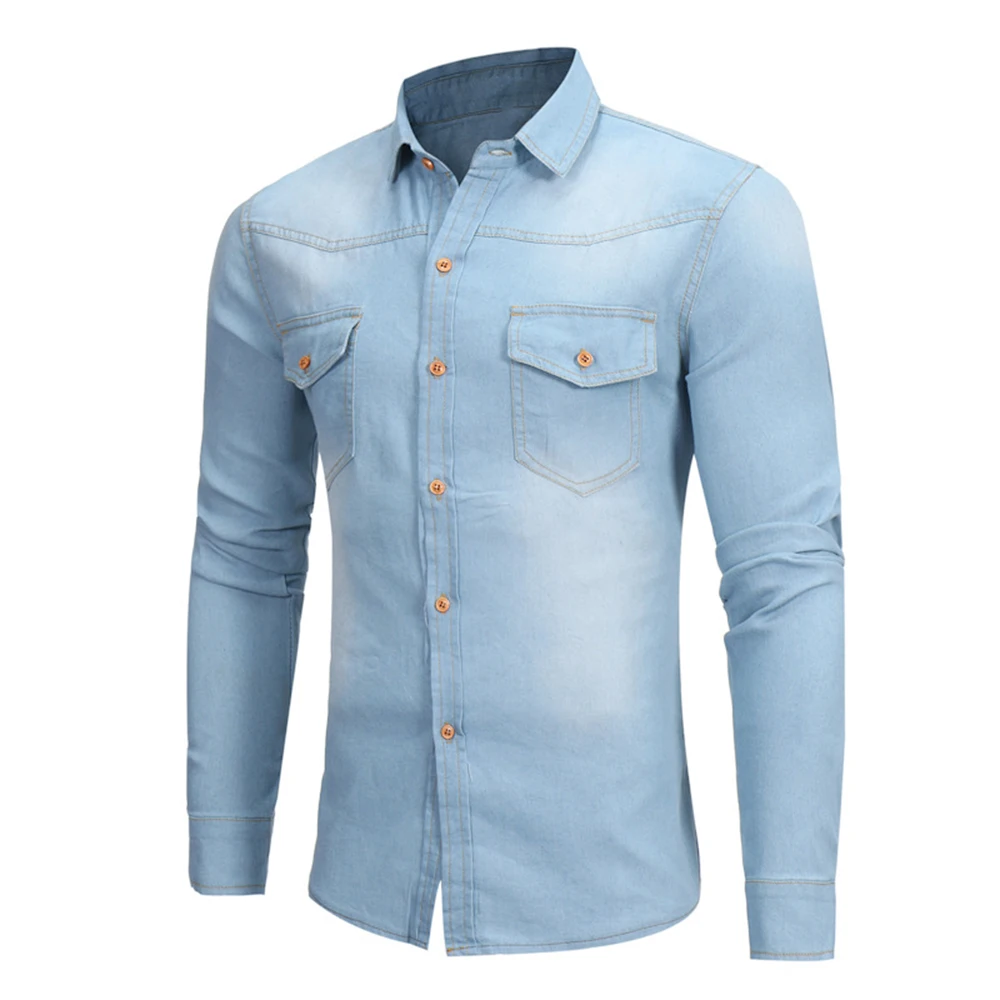 2020 Spring Mens Denim Shirt Long Sleeve Two Pockets Slim Slight Elastic Jeans Shirts Men's Tops | Мужская одежда