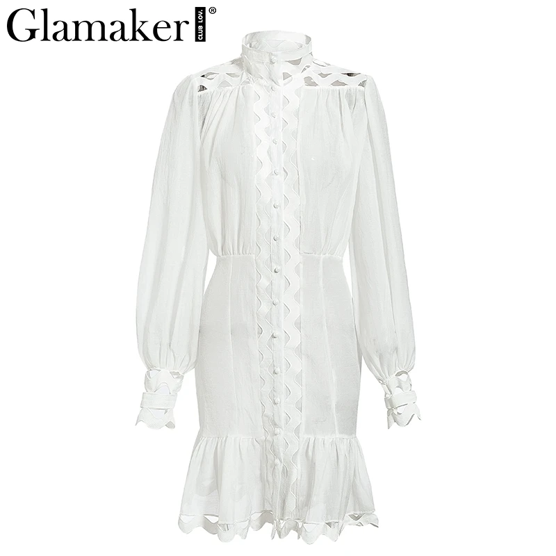 Glamaker Sexy transparent ruffle short dress Women long lantern sleeve A-line Organza white dress Button party autumn vestidos - Цвет: Белый