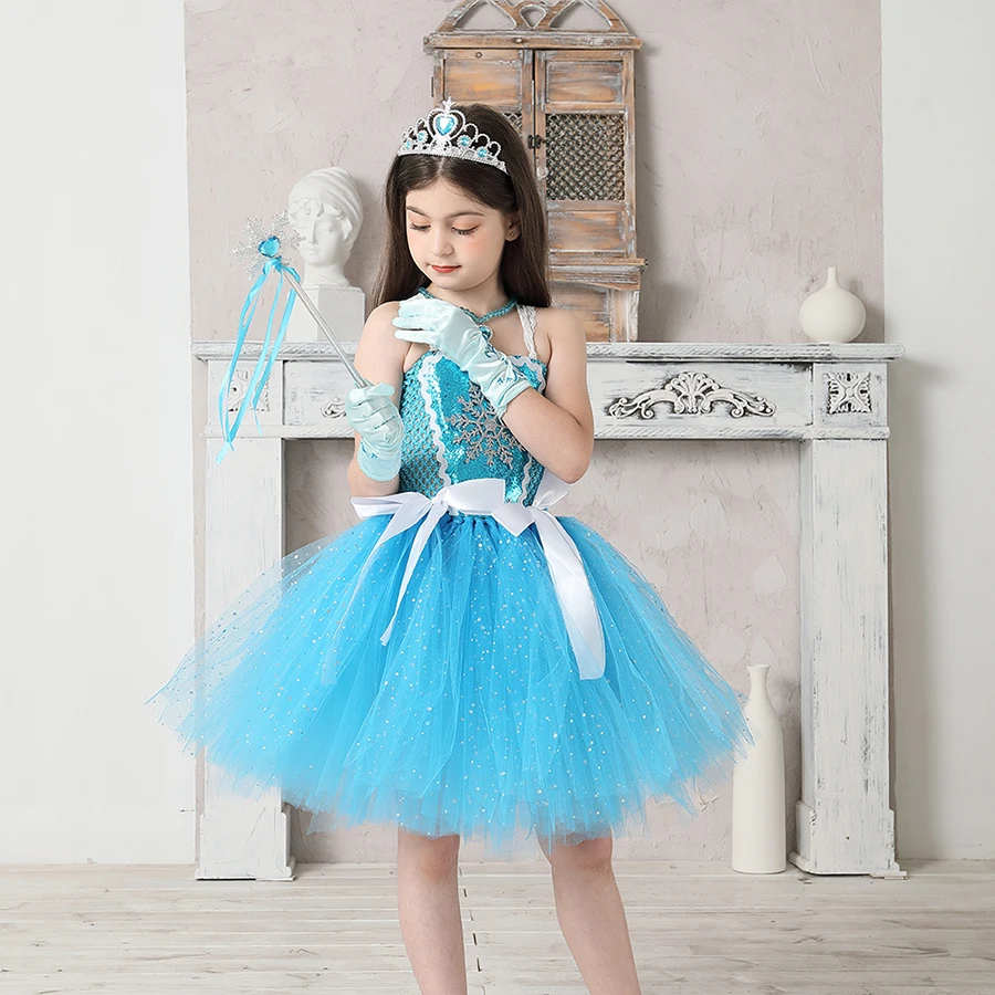 Snow Ice Princess Queen Girls Tutu Dress Glittery Sparkle Handmade Kids Halloween Party Birthday Fancy Dresses Elsa Clothes (5)