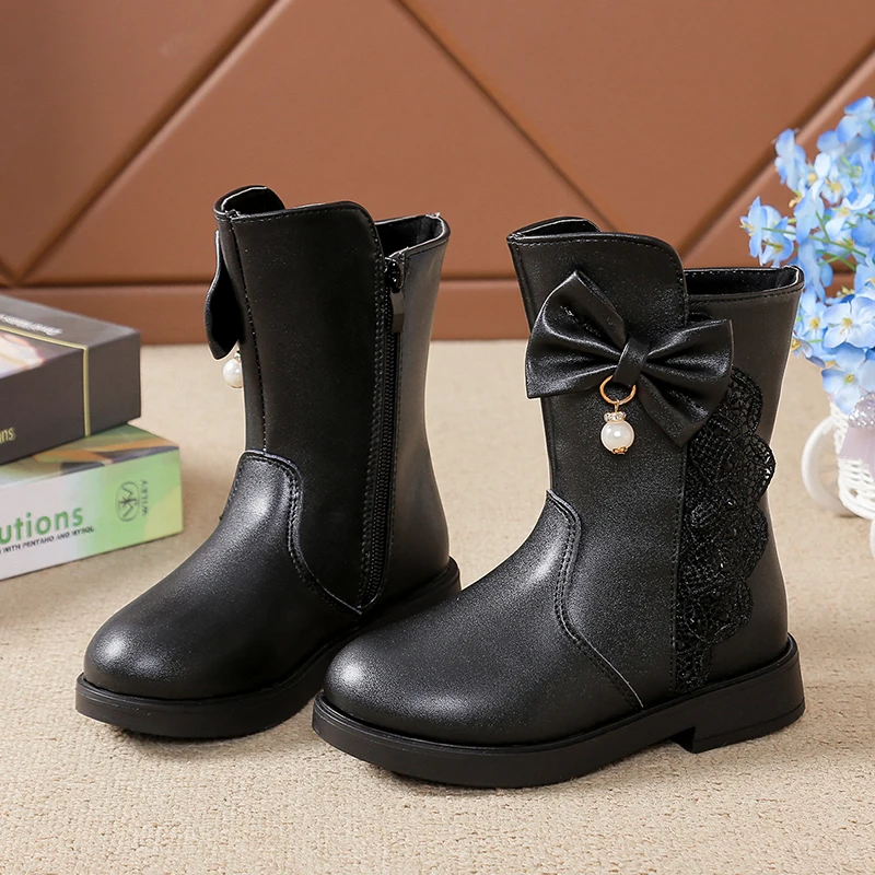 Mudipanda bottes femme; коллекция года; зимняя обувь для детей; сезон осень-зима; новые модные ботинки с бантом для девочек; модные студенческие ботинки для больших детей - Цвет: BLACK