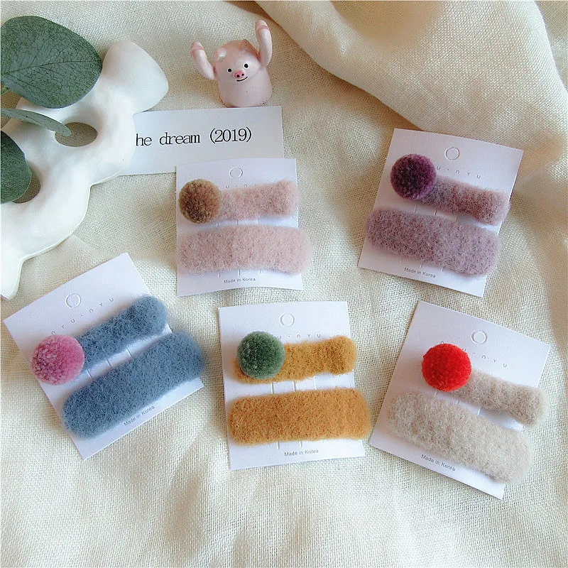 

2 Pcs Korean Simple Cute Soft Rabbit Hair BB Clip Fashion Colorful Hairball Duckbill Clip for Girl Princess Hair Accessories
