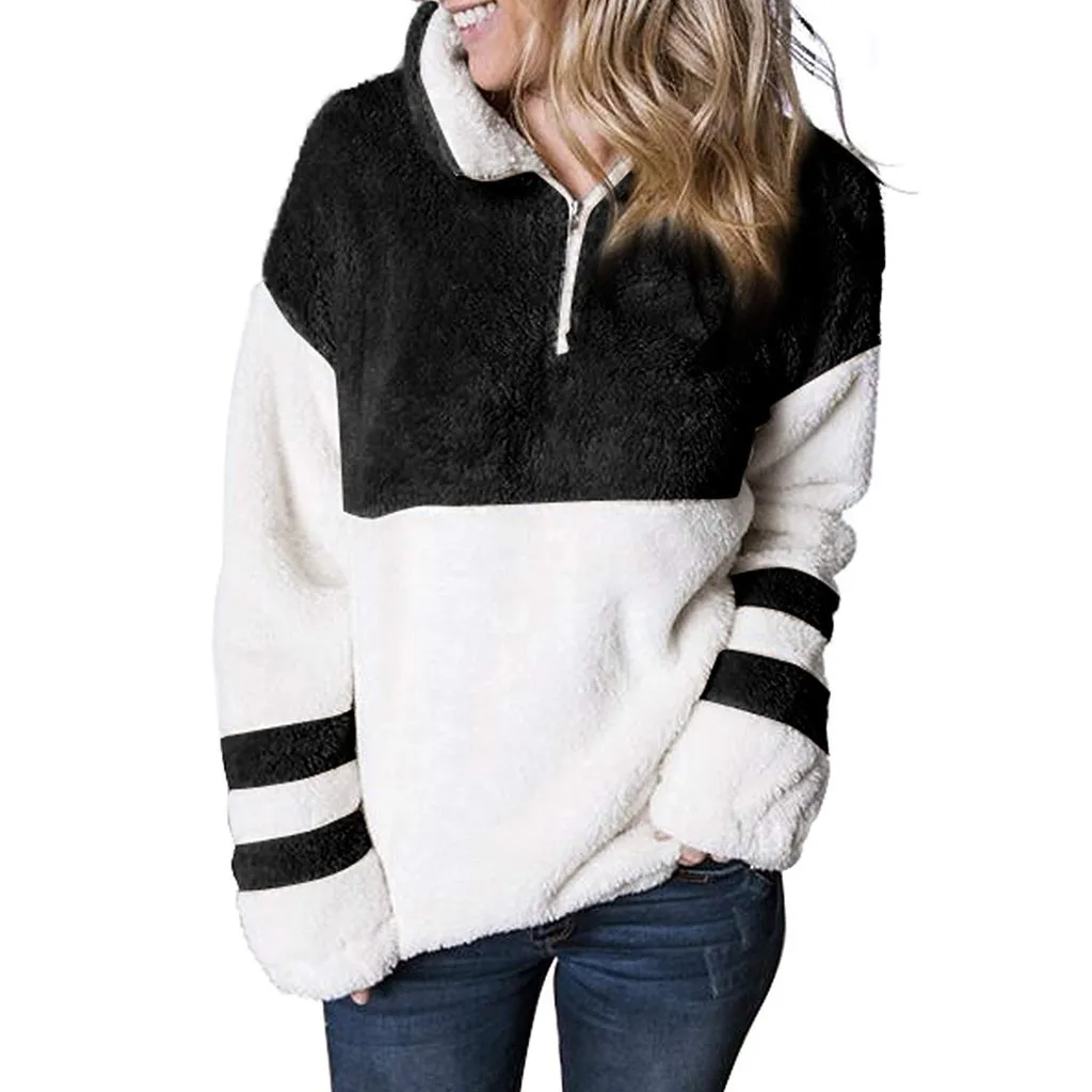 Женский Повседневный пуловер с отворотами на молнии контрастного цвета, плюшевый теплый пуловер из кусков, толстовка высокого качества 25 Suéter De Mujer