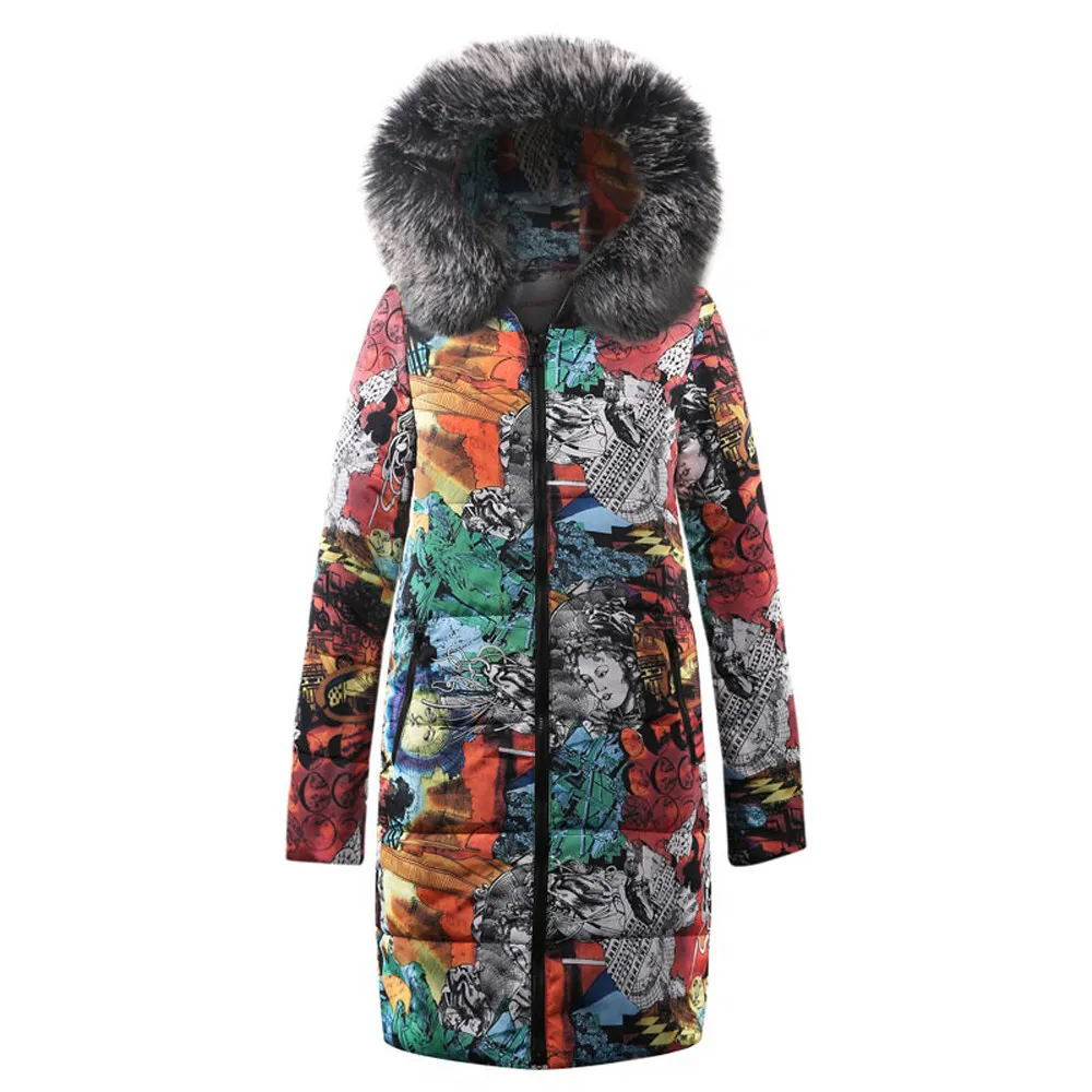 

women's jacket coat fashion hoodie long sleeves winter jacket women print warm thick fur Parka zipper long coat clothes L30805