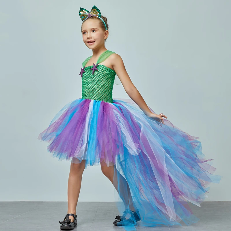 Mermaid Flower Girl Tutu Dress with Trail Kids Summer Wedding Under the Sea Birthday Couture Starfish Costume Girls Ball Gown (8)