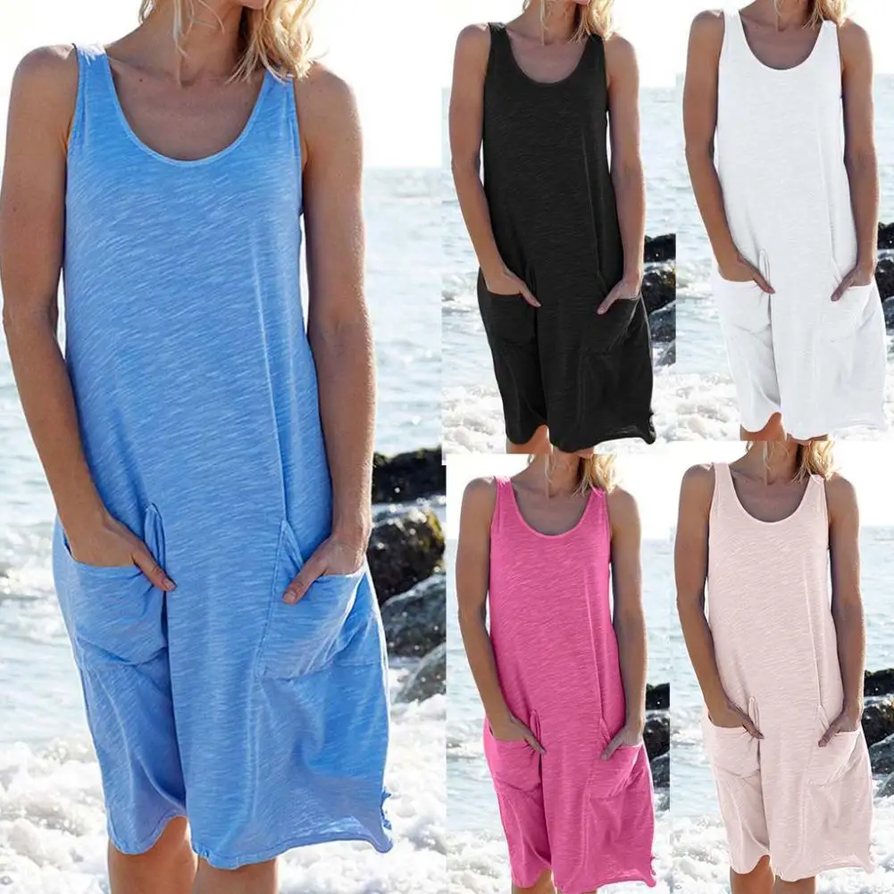 

2020 Women Casual Solid Color Sundress O Neck Sleeveless Pockets Loose Beach Dress Sleeveless Party Beach Dress Women Vestidos