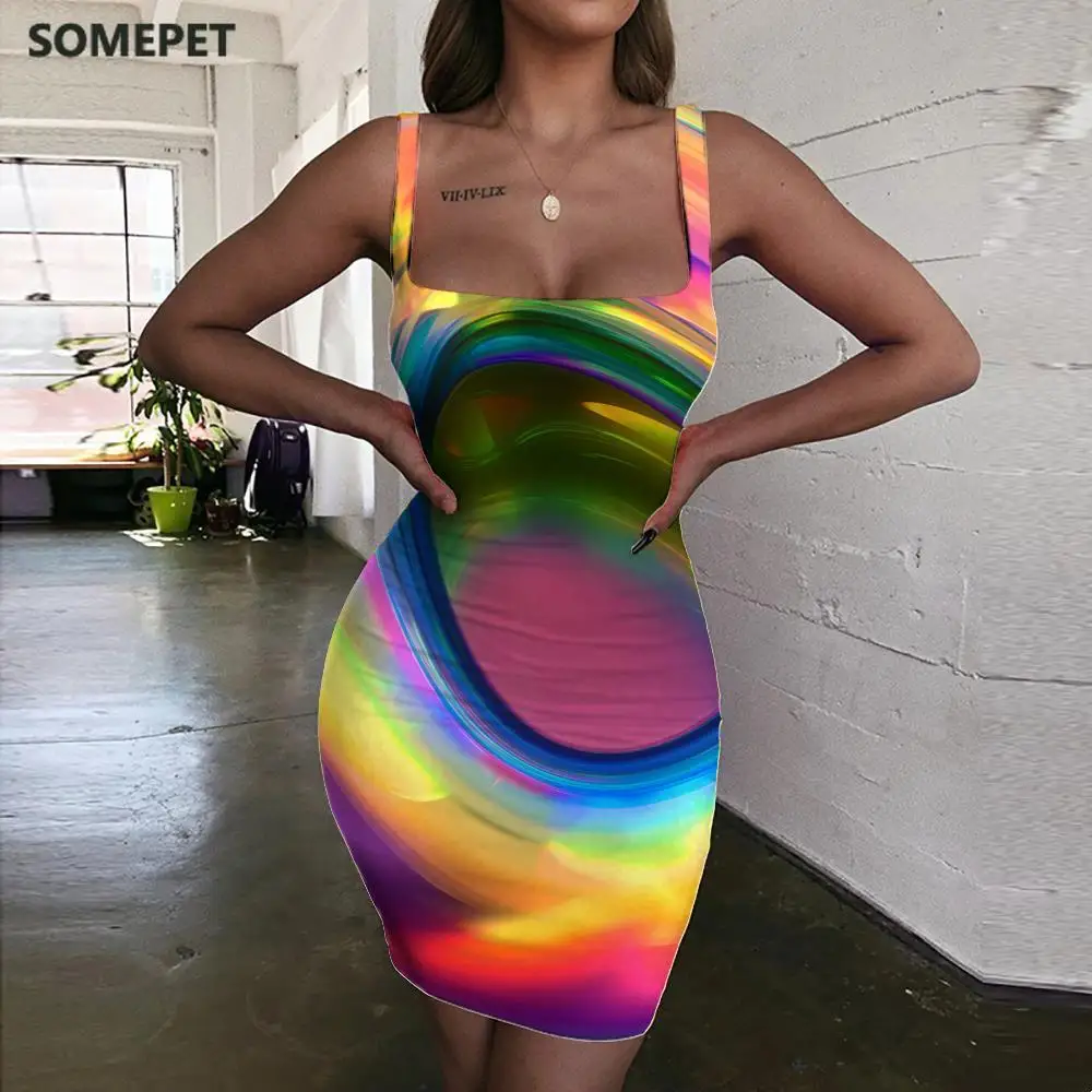 

SOMEPET Dizziness Dress Women Colorful Sundress Abstract Vestido Sexy Art Ladies Dresses Womens Clothing Mini Evening Beach