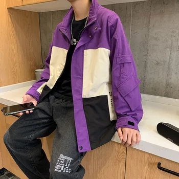 

2020 Spring Autumn New Jacket Male Ins Stand Collar Loose Windproof Hip Hop Motorcycle Jacket Mens Color Matching Casual Jacket