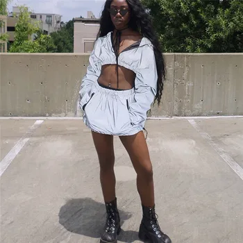 

flash reflective zipper long sleeve hoodies pullover hooded crop top high waist mini skirt women 2 piece set 2018