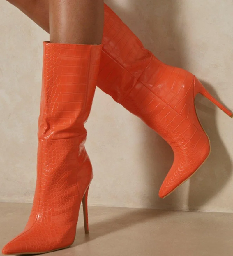 Comfortable Print Midi Calf Boots Winter Pointy Toe High Heel Short Booty Slip-on Shoes Plus Size 43