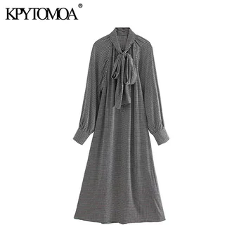 

Vintage Stylish Office Wear Houndstooth Pleated Midi Dress Women 2020 Fashion Bow Tie Collar Long Sleeve Plaid Female Dresses