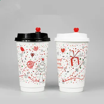 

50pcs Disposable Christmas New Year Red Coffee Milk Tea Cup Double Layer Hot Drink Insulation Party Favor Paper Cup With Lid