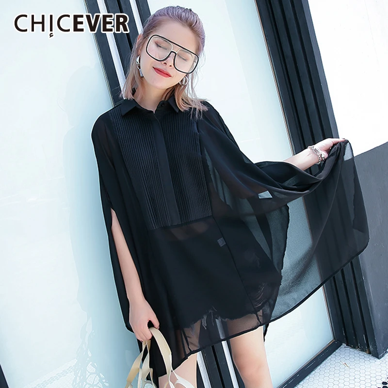 

CHICEVER Korean Perspective Shirt Women Lapel Collar Batwing Sleeve Oversize Loose Asymmetric Blouse Female 2020 Spring Clothes
