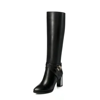 

Brand Classic Design Women Knee High Boots High Heels Buckles Motorcycle Boots Genuine Leather Long Shoes Woman size 34-43