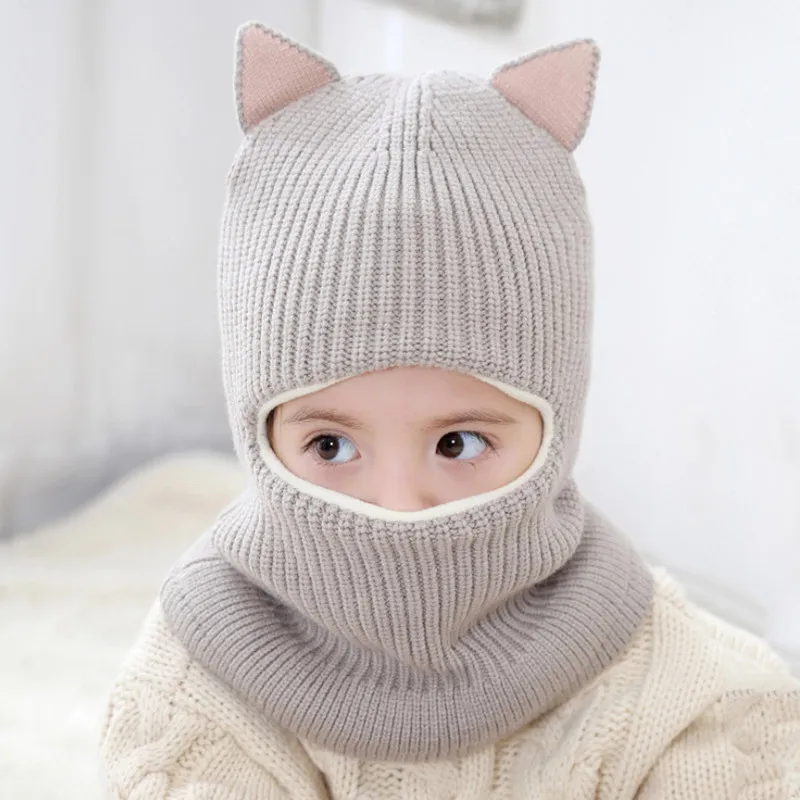 

CYSINCOS Unisex Child Beanies Cap Set Kids Solid Color Stripe Hat+Scarf Plus Velvet Ear Protection Windproof Cap Warm Baby Hats
