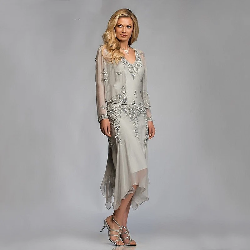 Mother Bride Dresses Silver Chiffon Mother of the Bride Groom Dresses with Jackets for Summer Wedding Party Gowns Tea Length Lace Godmother
