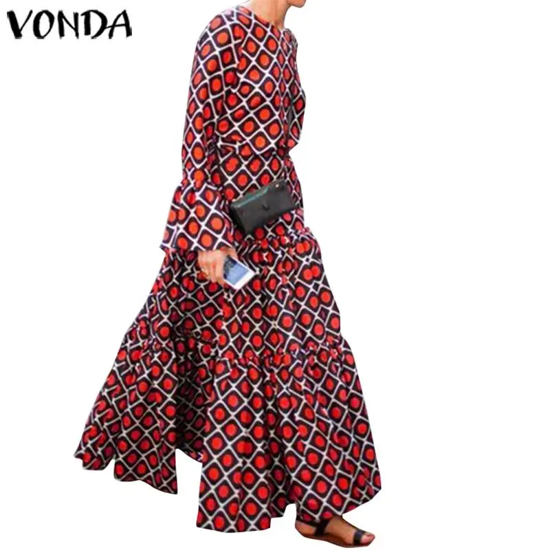 VONDA женское платье с длинным рукавом и принтом осень зима О-образный вырез теплые платья размера плюс пляжные вечерние богемные платья Femme Vestidos - Цвет: Красный