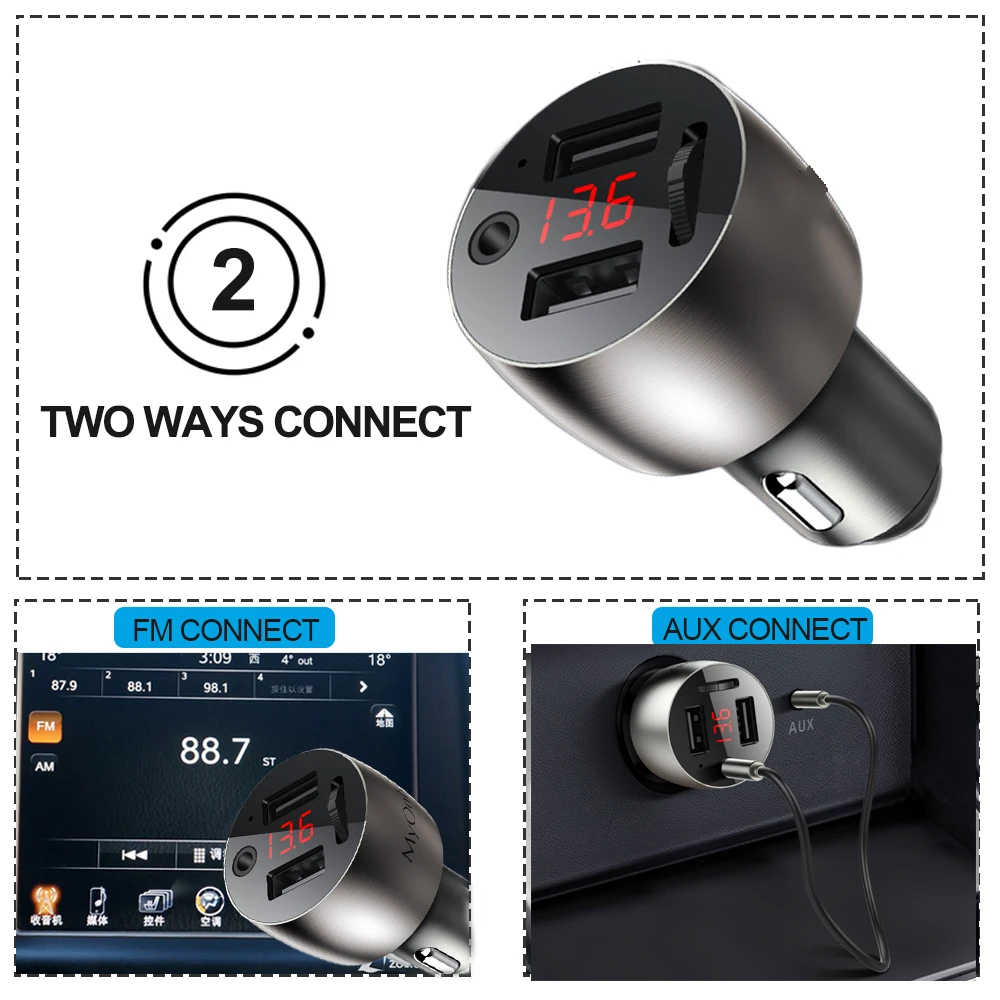 AUX 블루투스 5.0 FM 송신기 무선 변조기, 듀얼 USB 차량용 충전기, 핸즈프리 차량용 MP3 플레이어, 알루미늄 합금 본체, 3.5mm, 4.8A