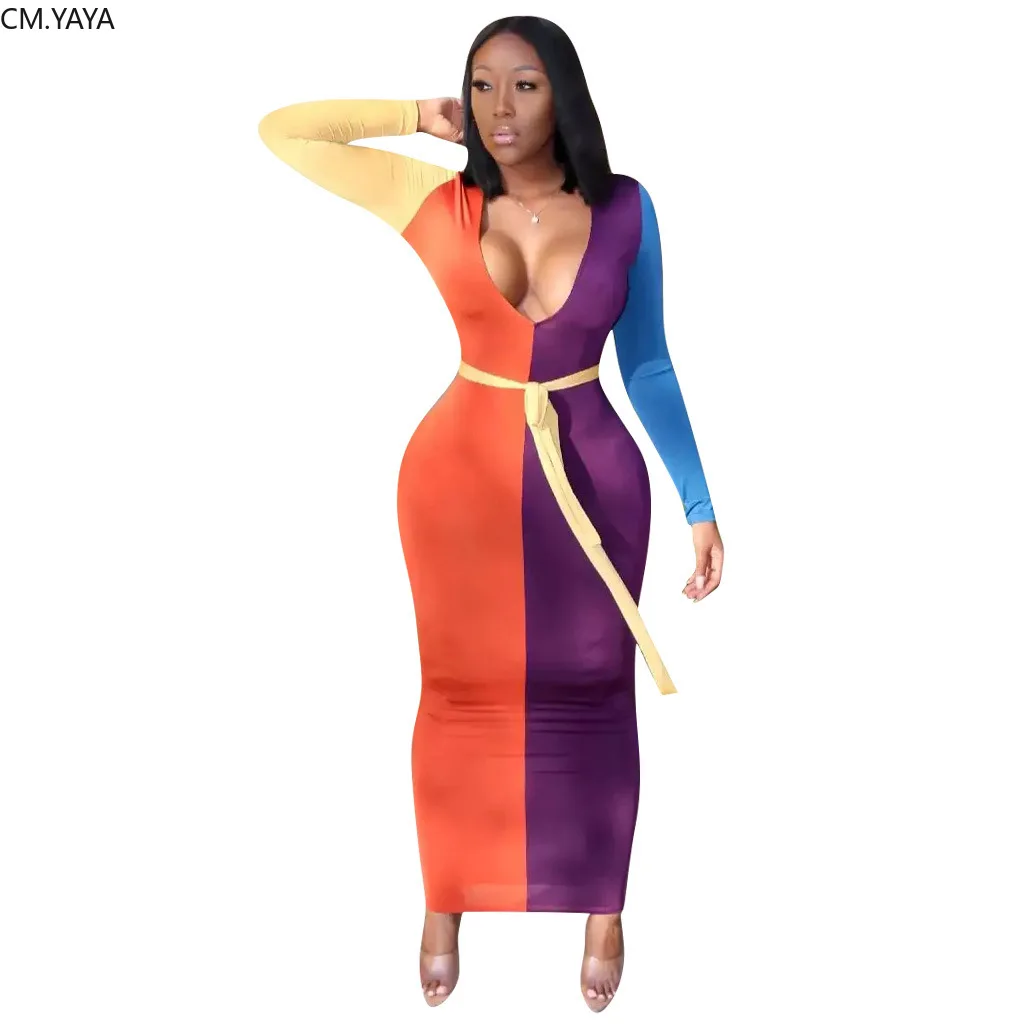 Женское платье-макси с v-образным вырезом и длинным рукавом Сексуальные вечерние