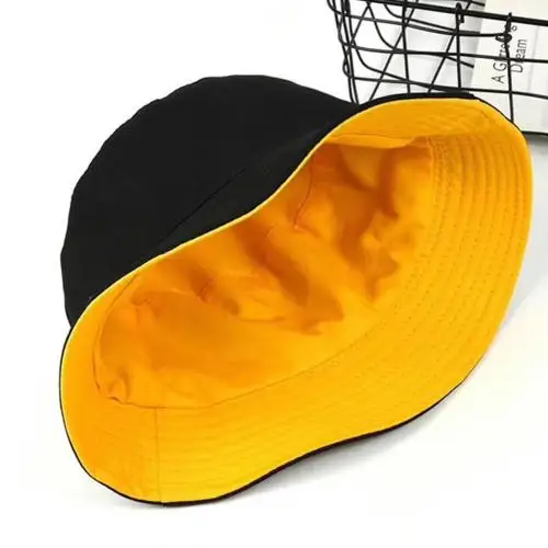 Black Yellow Модная женская однотонная плоская хлопковая Двусторонняя Рыбацкая Солнцезащитная шляпа, шапка-ведро, рождественские подарки, sombrero de sol mujer женскиe шляпки - Цвет: Black Yellow