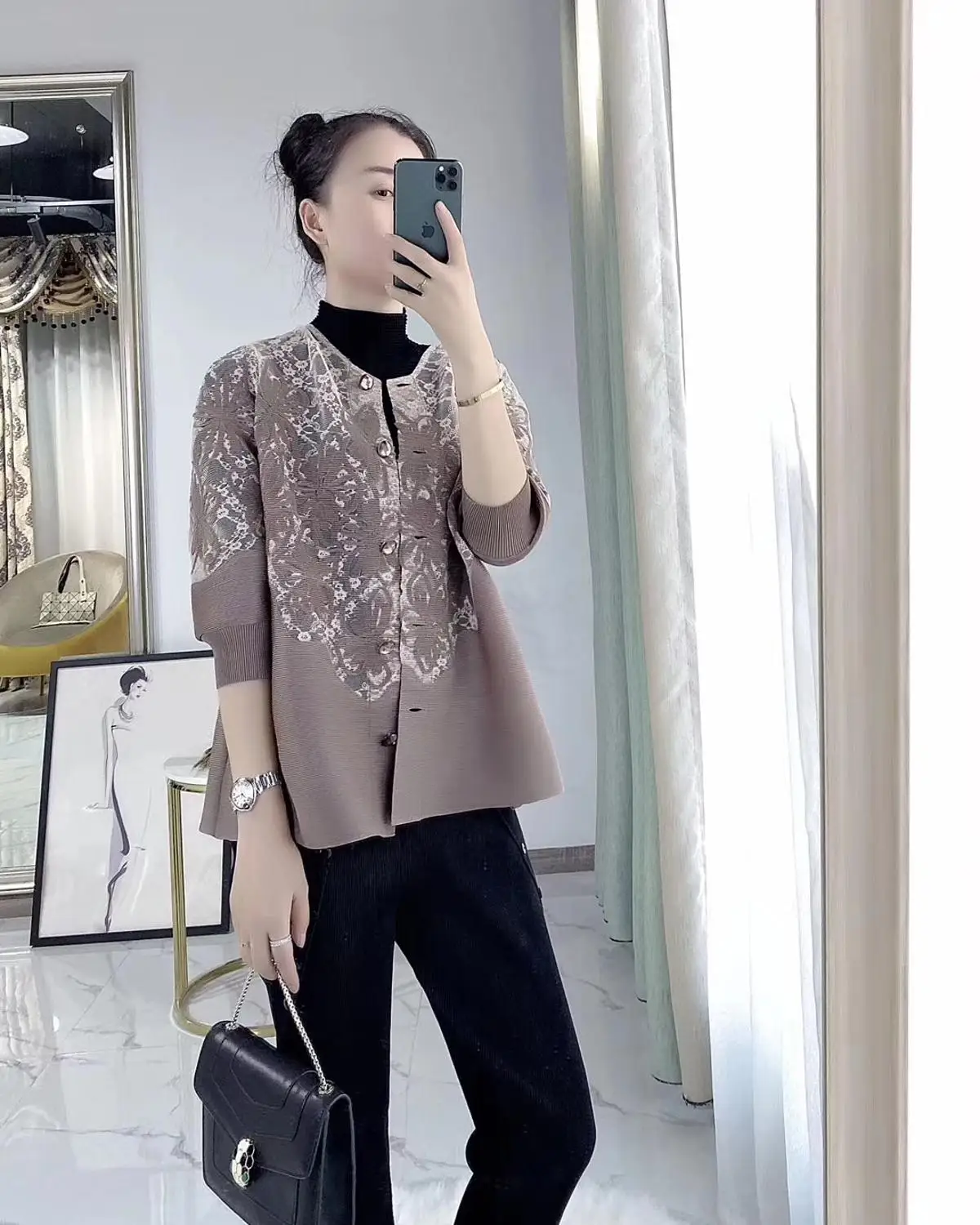 Горячая Miyake fold золотая нить вышивка фонарь рукав лоскутное кружевное пальто