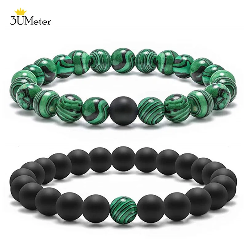 

2 pieces/Set 8mm Natural Malachite Stone Bracelet Couple Bracelet Black Matte Green Stone Beads Bracelets for Men Women Jewelry